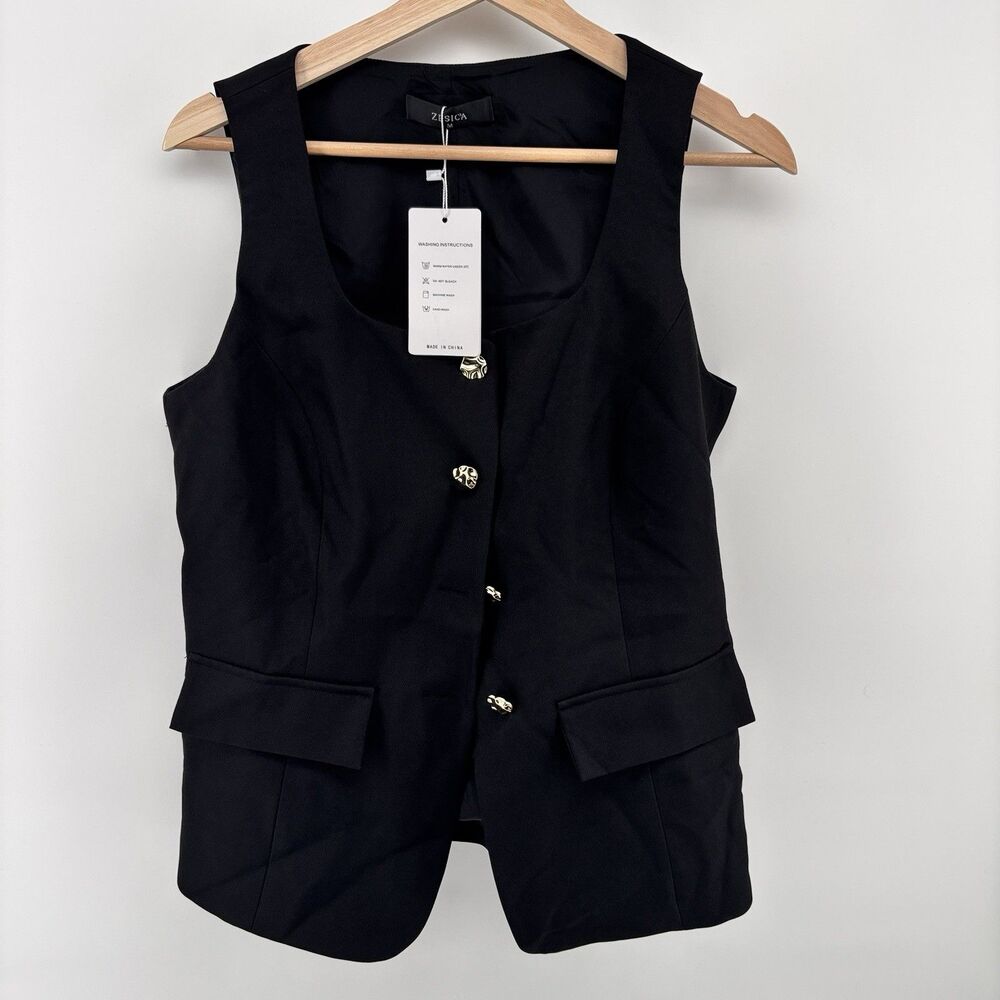 ZESICA Women's M Black Sleeveless Suit Vest Gold Buttons NWT